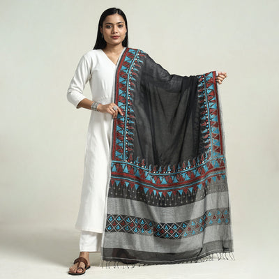  Bolpur Kantha Embroidery Cotton Handloom Dupatta with Tassels 