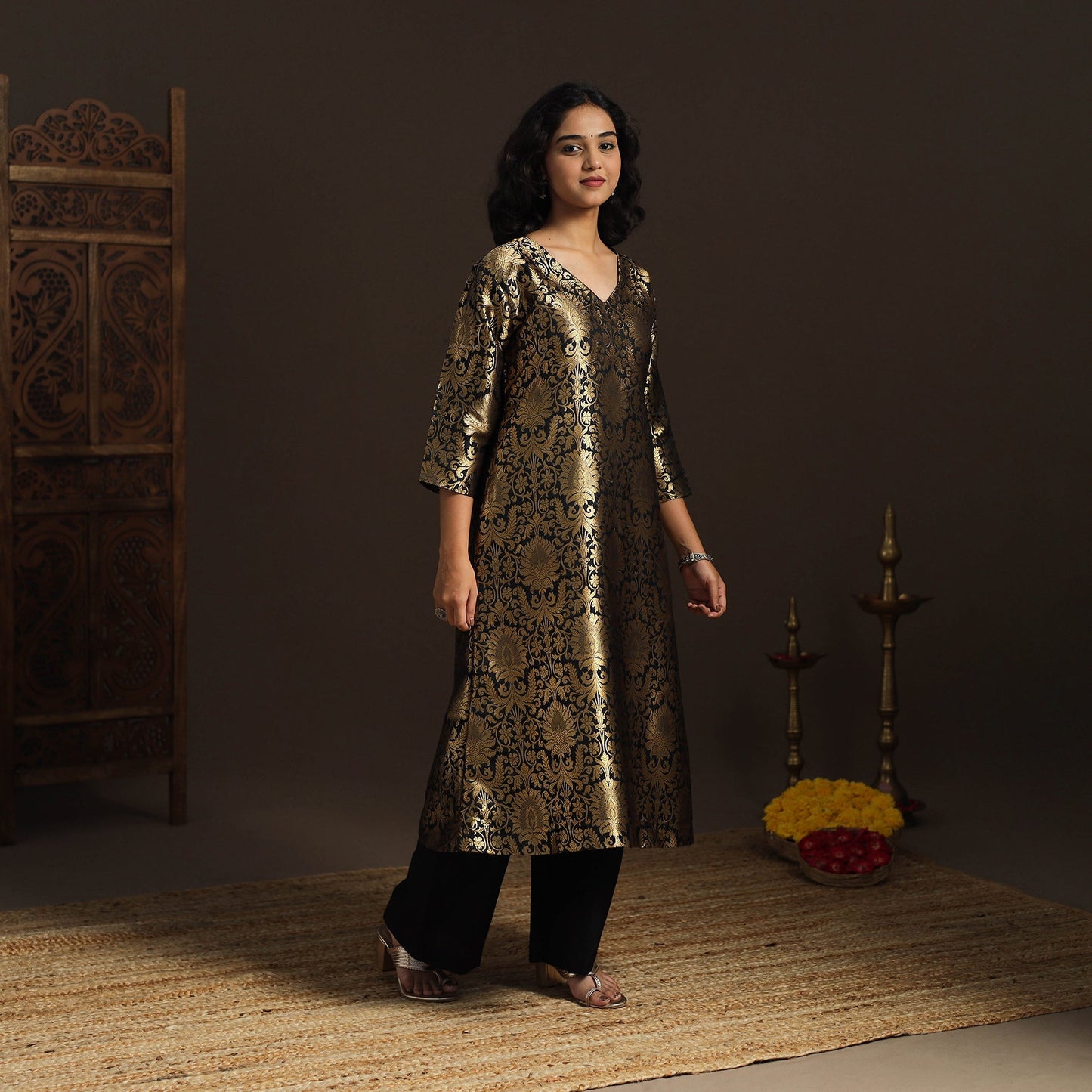 Black - brocade silk a-line banarasi kurta 04 - handcrafted