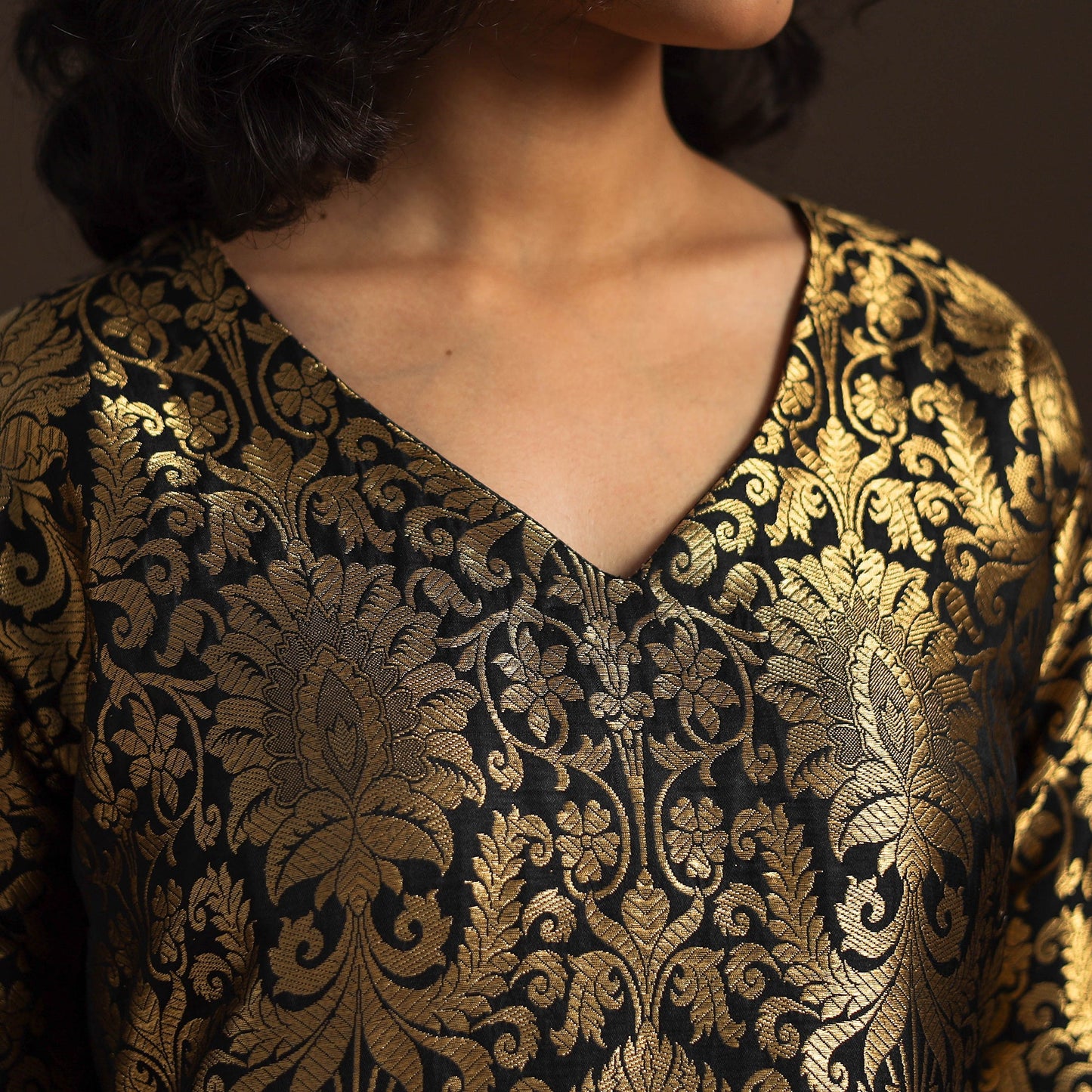 Black - brocade silk a-line banarasi kurta 04 - handcrafted