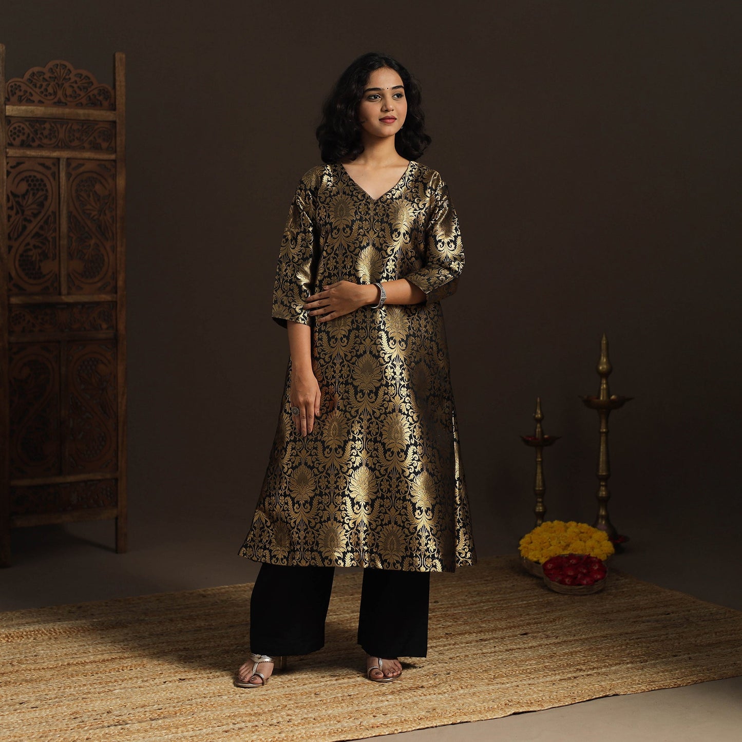 Black - brocade silk a-line banarasi kurta 04 - handcrafted