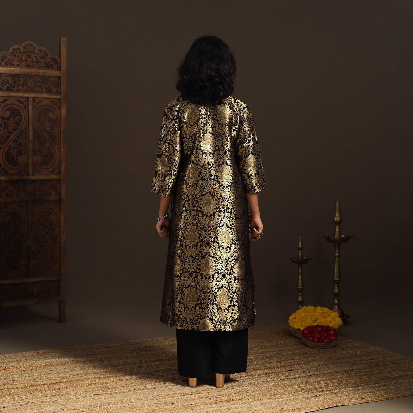 Black - brocade silk a-line banarasi kurta 04 - handcrafted