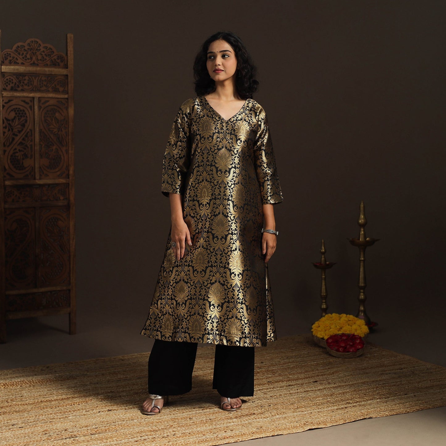 Black - brocade silk a-line banarasi kurta 04 - handcrafted