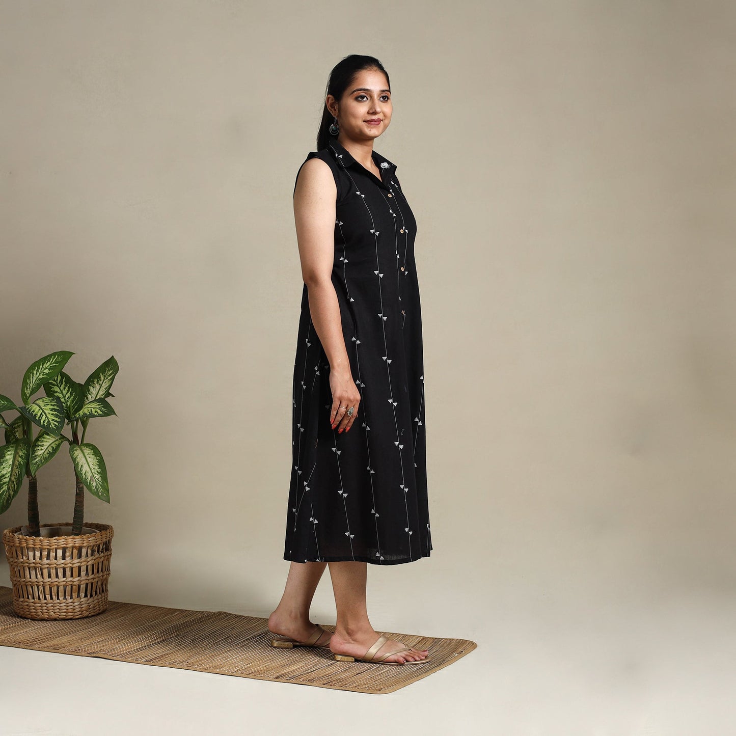 Black Button Down Cotton Jacquard Dress