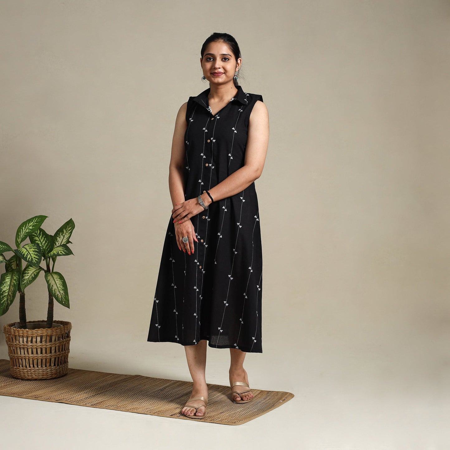 Black Button Down Cotton Jacquard Dress