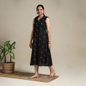 Black Button Down Cotton Jacquard Dress