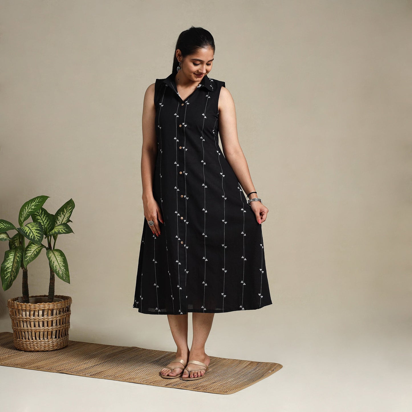 Black Button Down Cotton Jacquard Dress