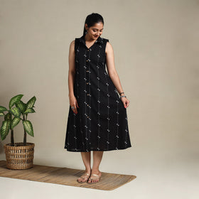 Black Button Down Cotton Jacquard Dress