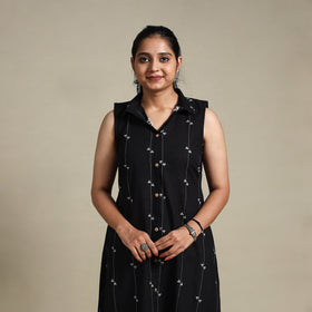 Black Button Down Cotton Jacquard Dress
