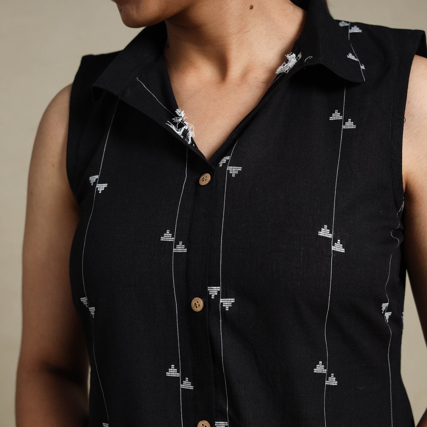 Black Button Down Cotton Jacquard Dress