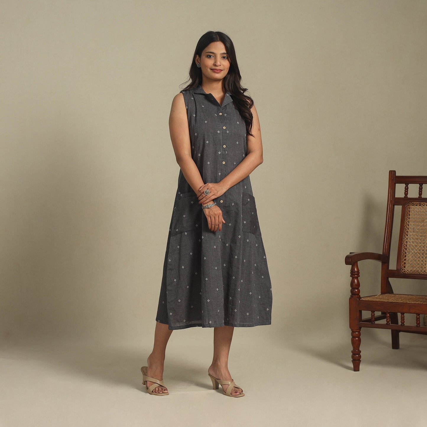 Black - button down cotton jacquard dress 15 - handcrafted