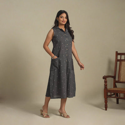 Black - button down cotton jacquard dress 15 - handcrafted