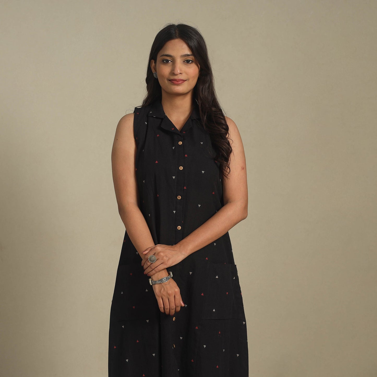 Black - button down cotton jacquard dress 16 - handcrafted