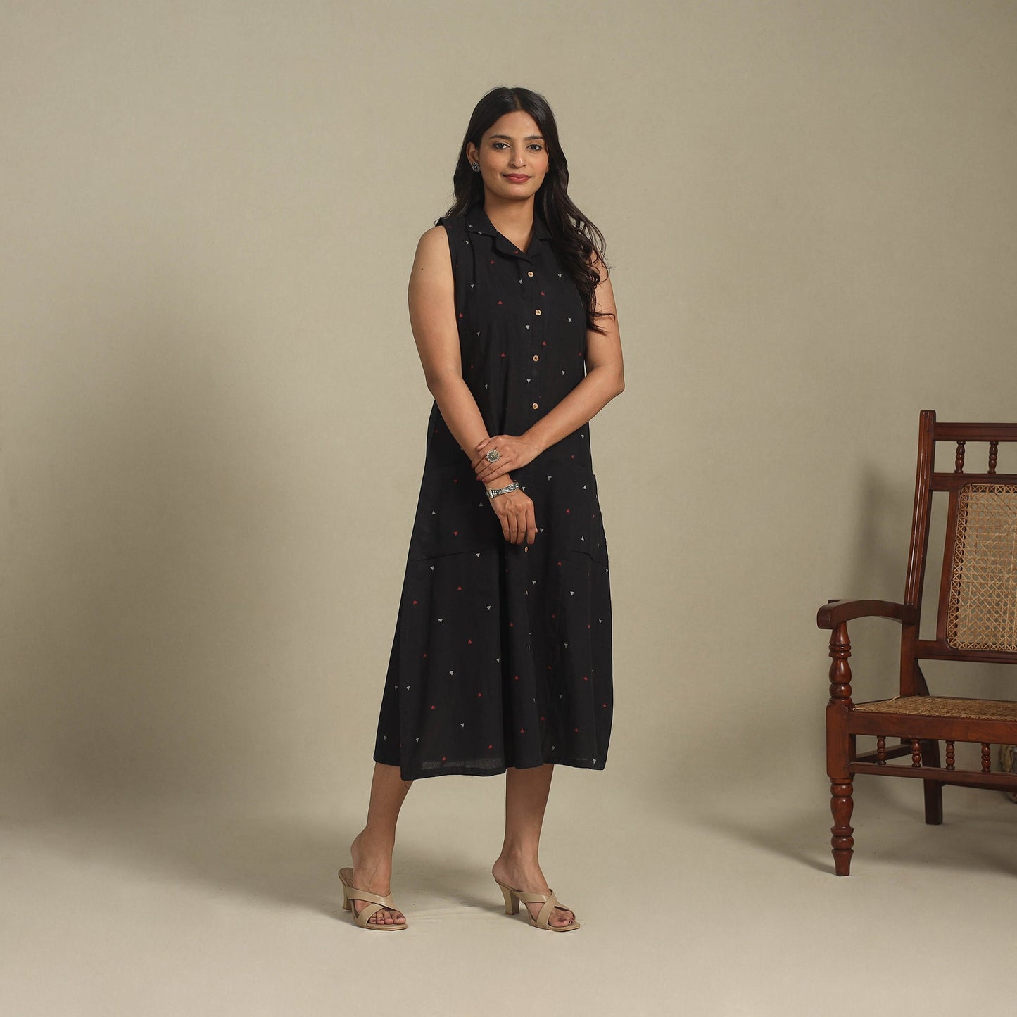 Black - button down cotton jacquard dress 16 - handcrafted