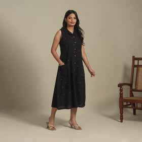 Black - button down cotton jacquard dress 16 - handcrafted