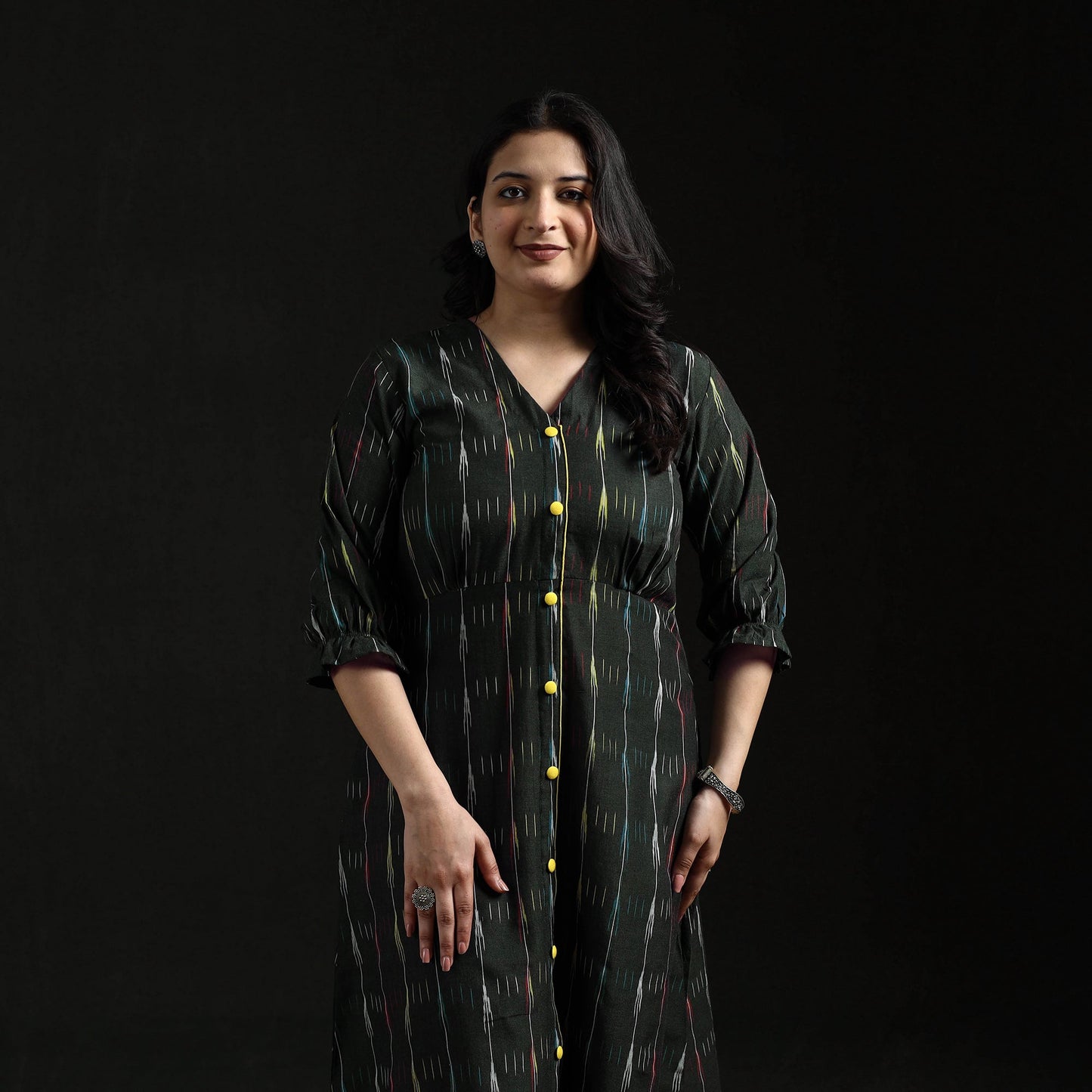 Button down cotton pochampally ikat dress 02 - handcrafted