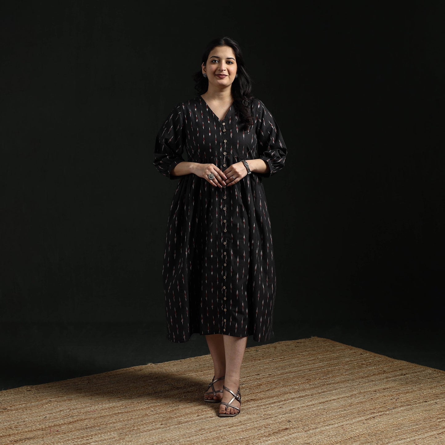 Button down flared cotton pochampally ikat dress 09