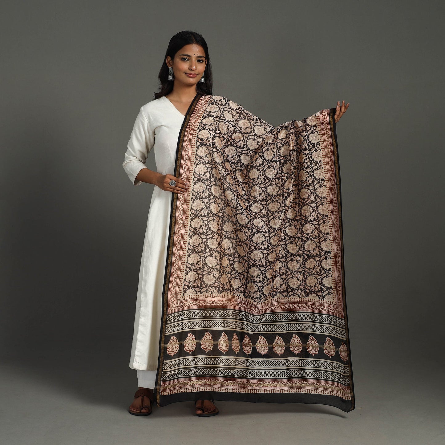 Black - chanderi silk bagru dupatta 20 - handcrafted