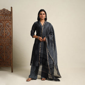  Black Chanderi Silk Bagru Print Kurta Set