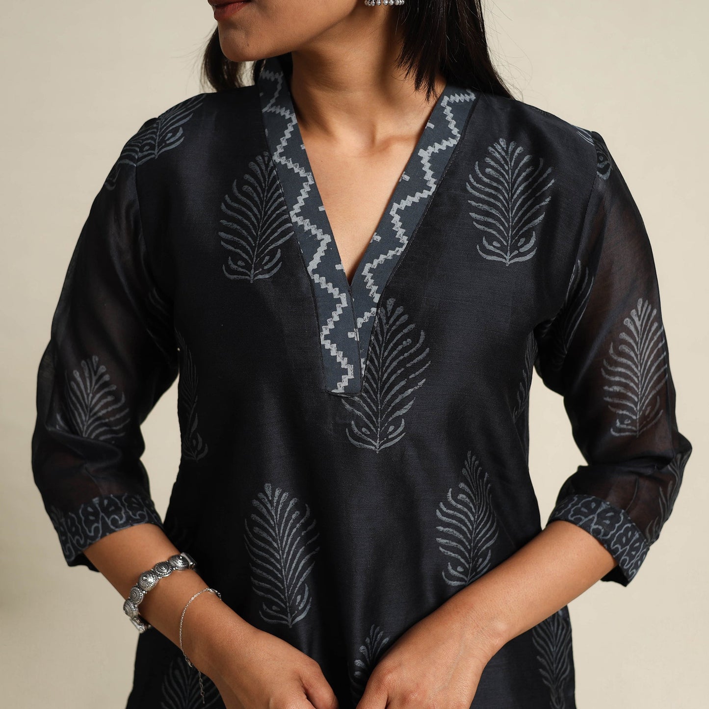  Black Chanderi Silk Bagru Print Kurta Set