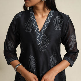  Black Chanderi Silk Bagru Print Kurta Set