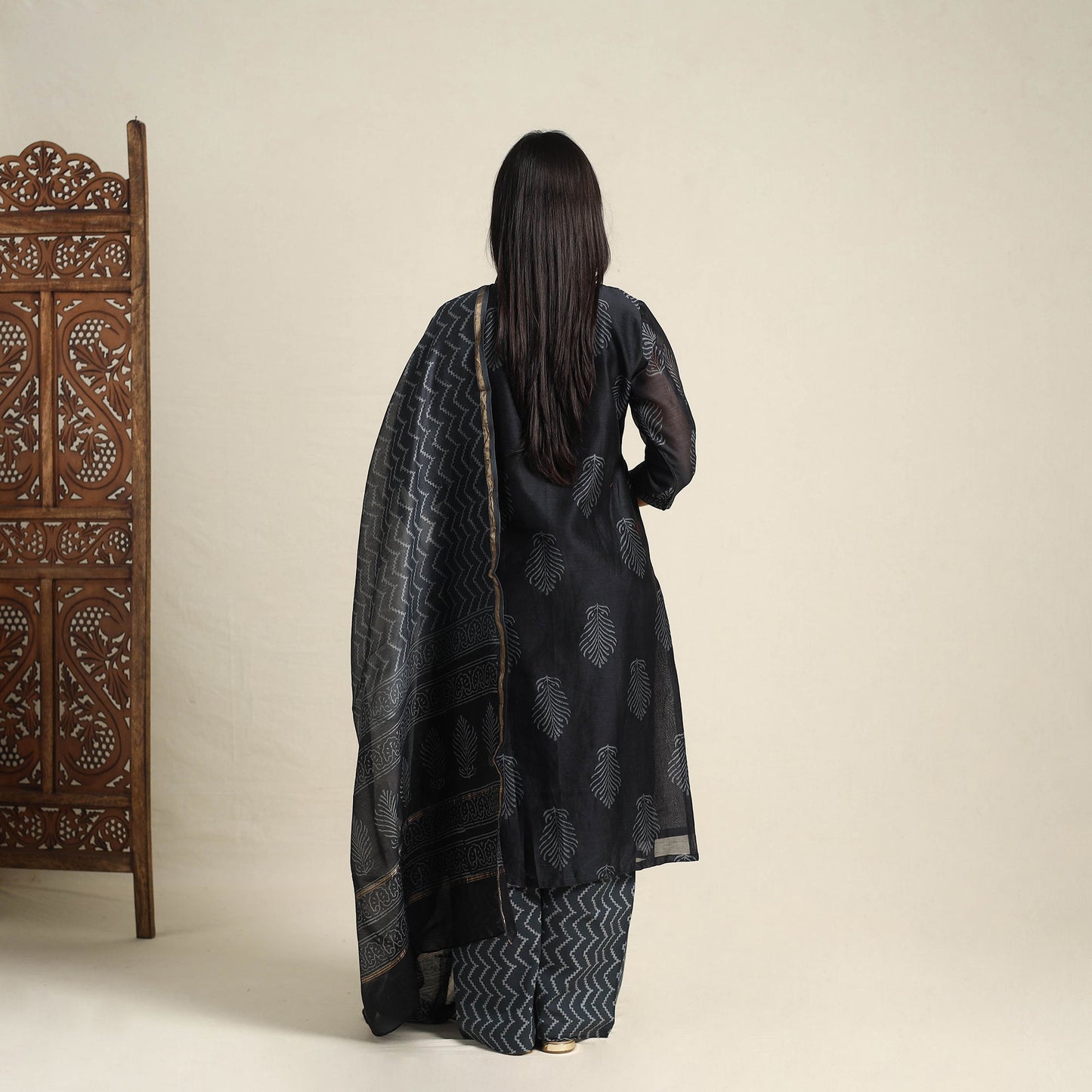  Black Chanderi Silk Bagru Print Kurta Set