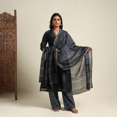  Black Chanderi Silk Bagru Print Kurta Set