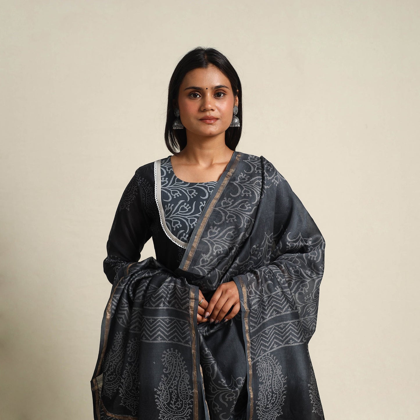 Buy Black Chanderi Silk Bagru Print Kurta Set