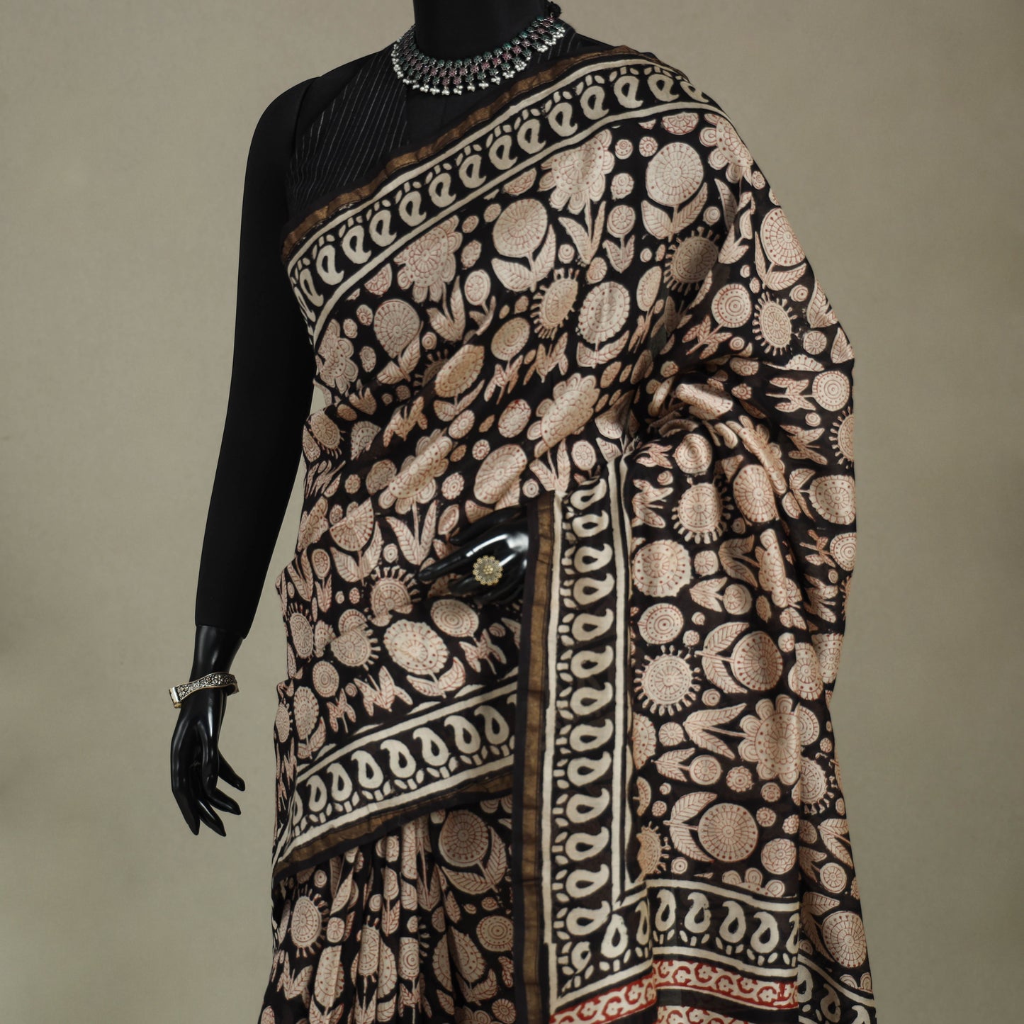 Block Print Chanderi Silk Bagru Saree with Zari Border