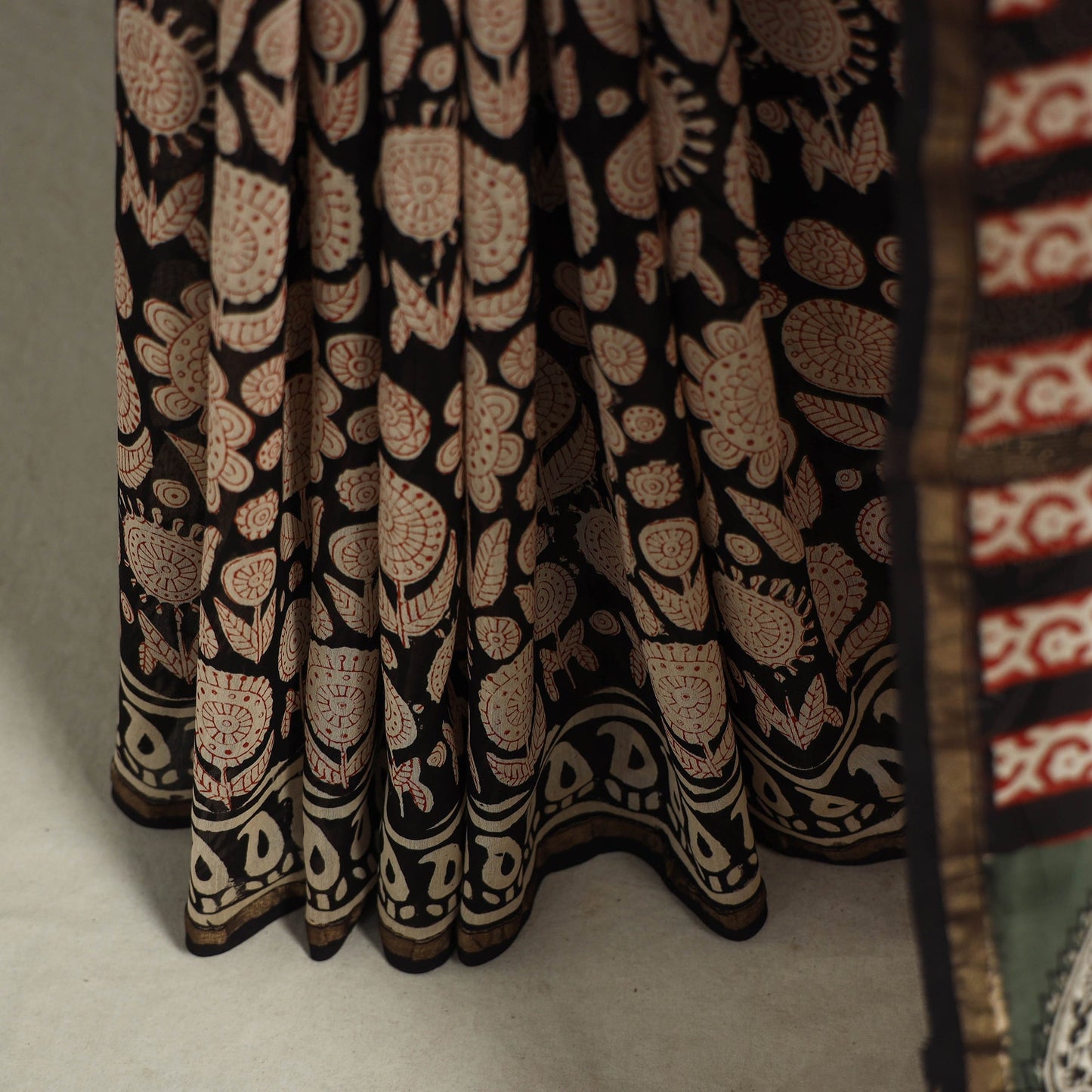 Block Print Chanderi Silk Bagru Saree with Zari Border