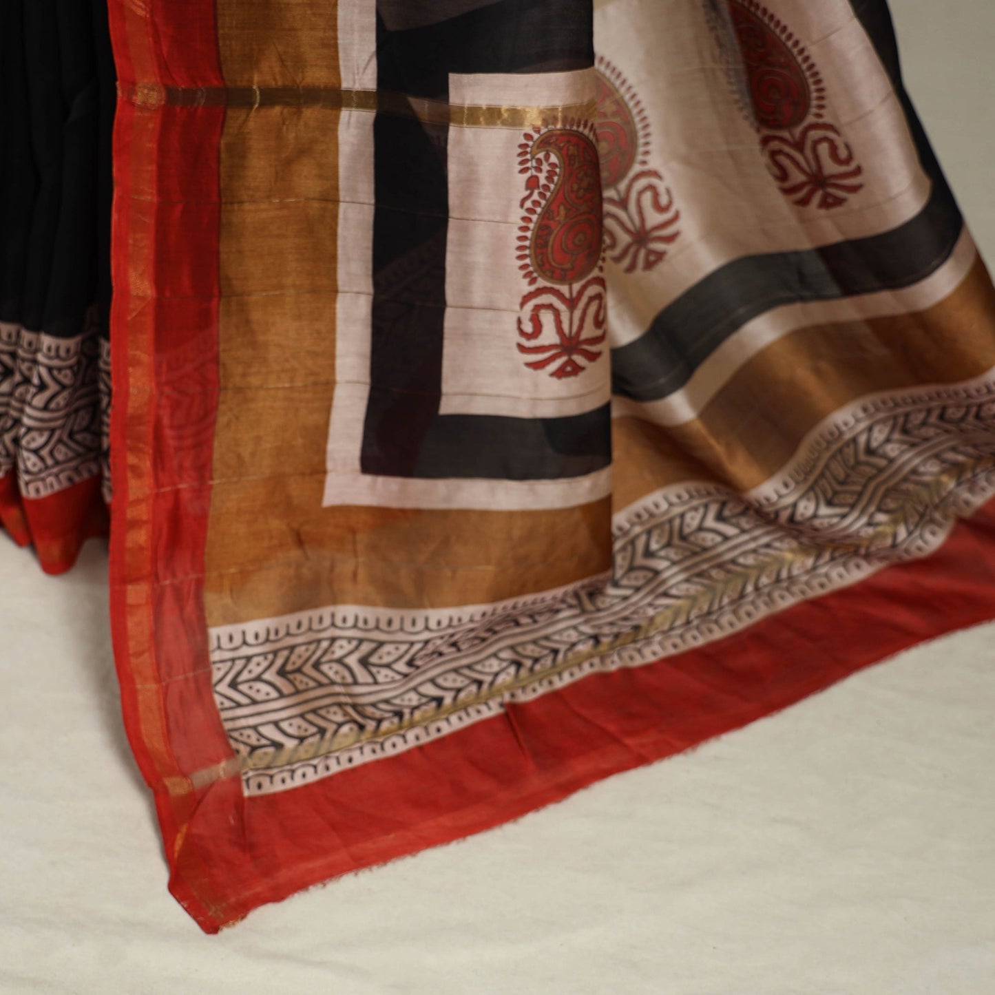 Block Print Chanderi Silk Bagru Saree with Zari Border