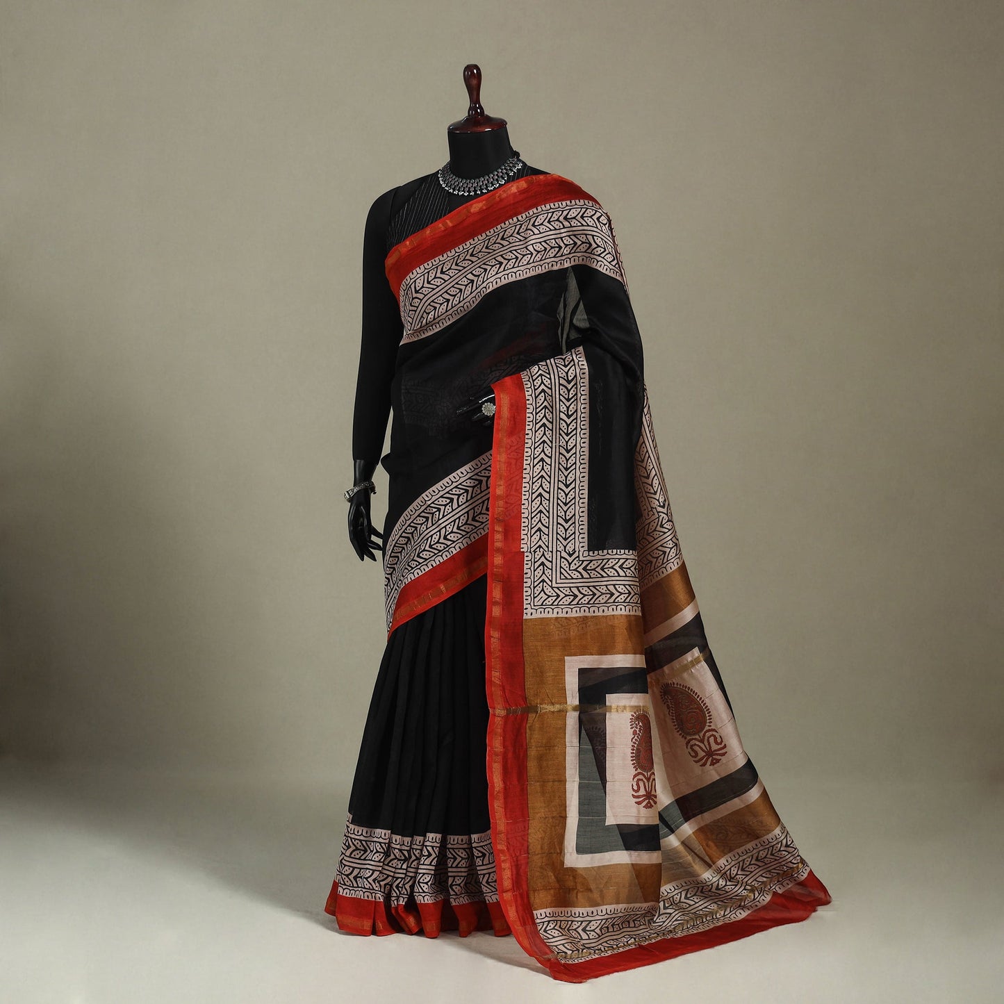 Block Print Chanderi Silk Bagru Saree with Zari Border