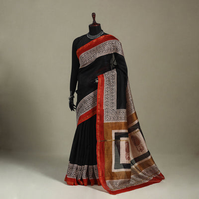 Block Print Chanderi Silk Bagru Saree with Zari Border