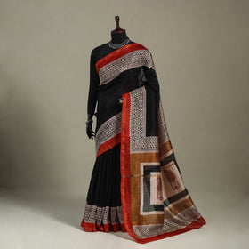 Block Print Chanderi Silk Bagru Saree with Zari Border