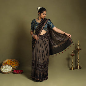Black Chanderi Silk Block Print Ajrakh Saree