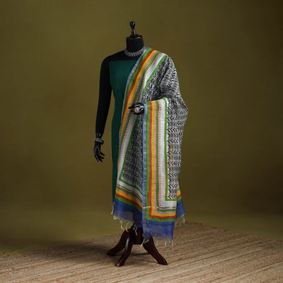 Black - chanderi silk hand bagru dupatta with zari border