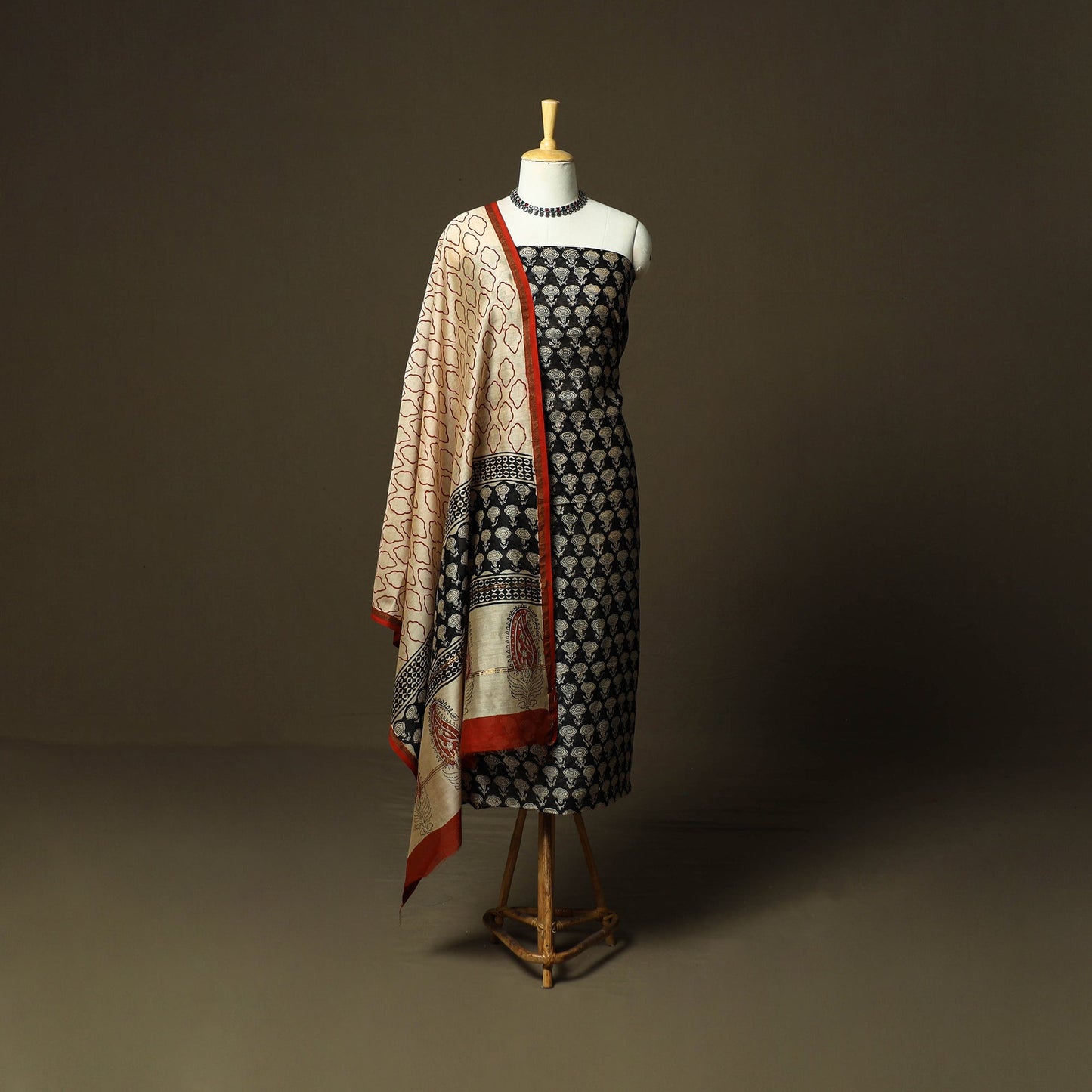 Chanderi silk hand block bagru print 3pc unstitched dress