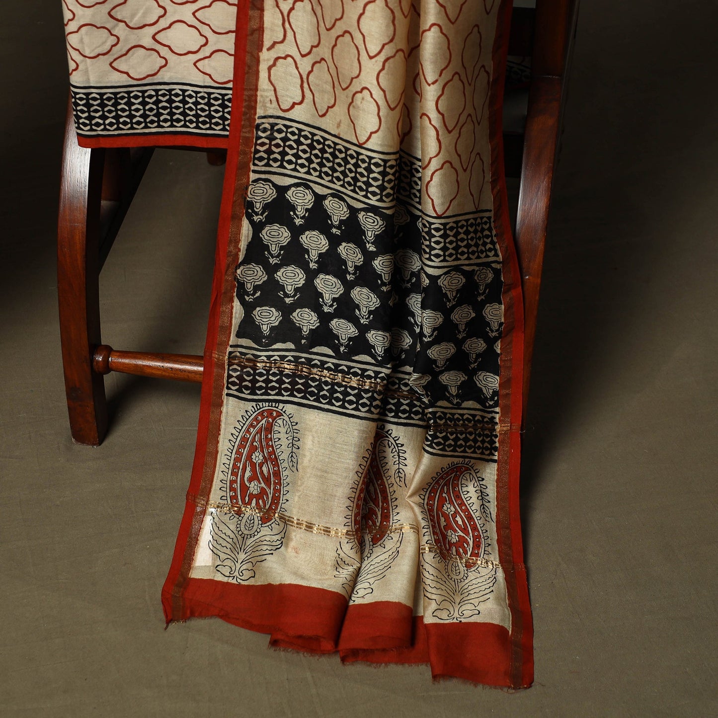 Chanderi silk hand block bagru print 3pc unstitched dress