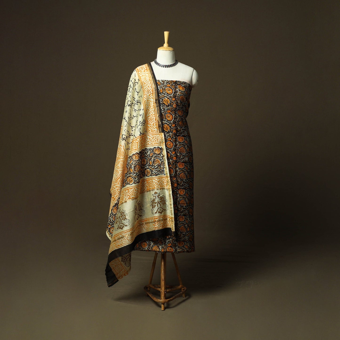 Chanderi silk hand block bagru print 3pc unstitched dress