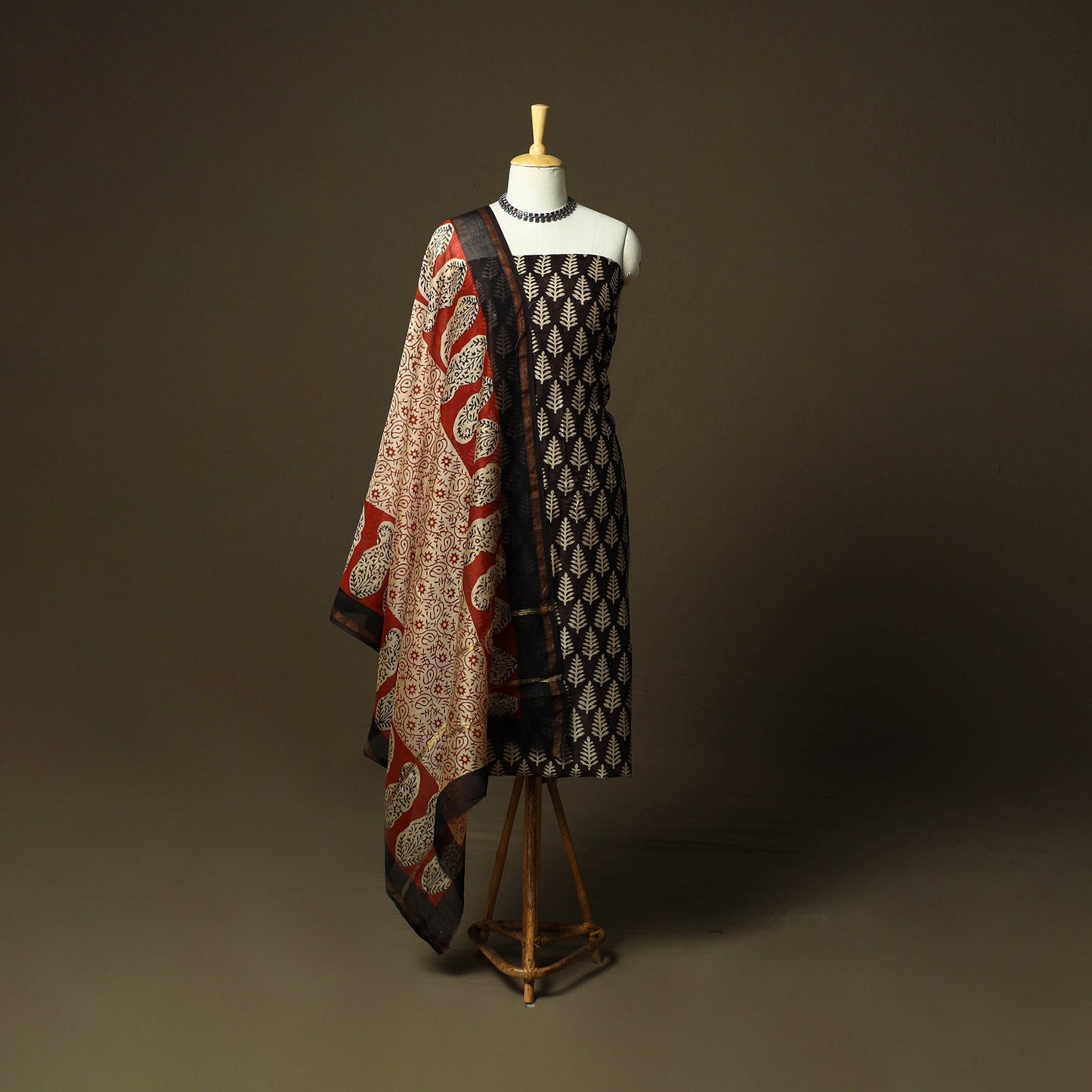 Chanderi silk hand block bagru print 3pc unstitched dress