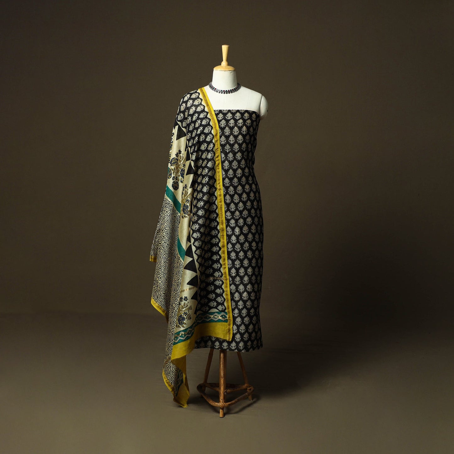Chanderi silk hand block bagru print 3pc unstitched dress