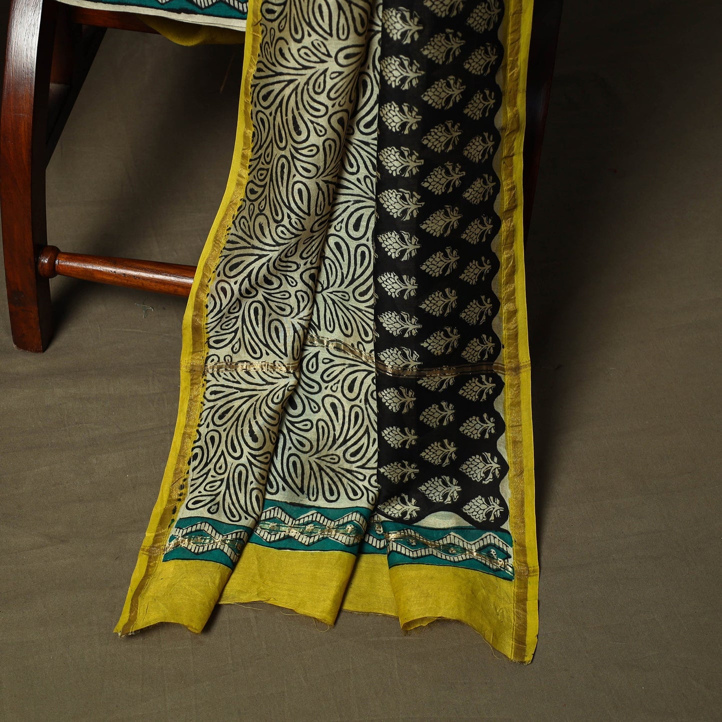 Chanderi silk hand block bagru print 3pc unstitched dress