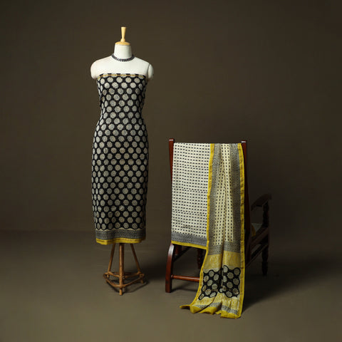 Chanderi silk hand block bagru print 3pc unstitched dress