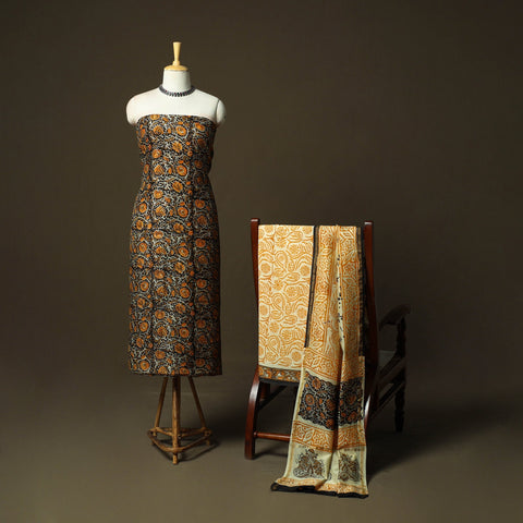 Chanderi silk hand block bagru print 3pc unstitched dress