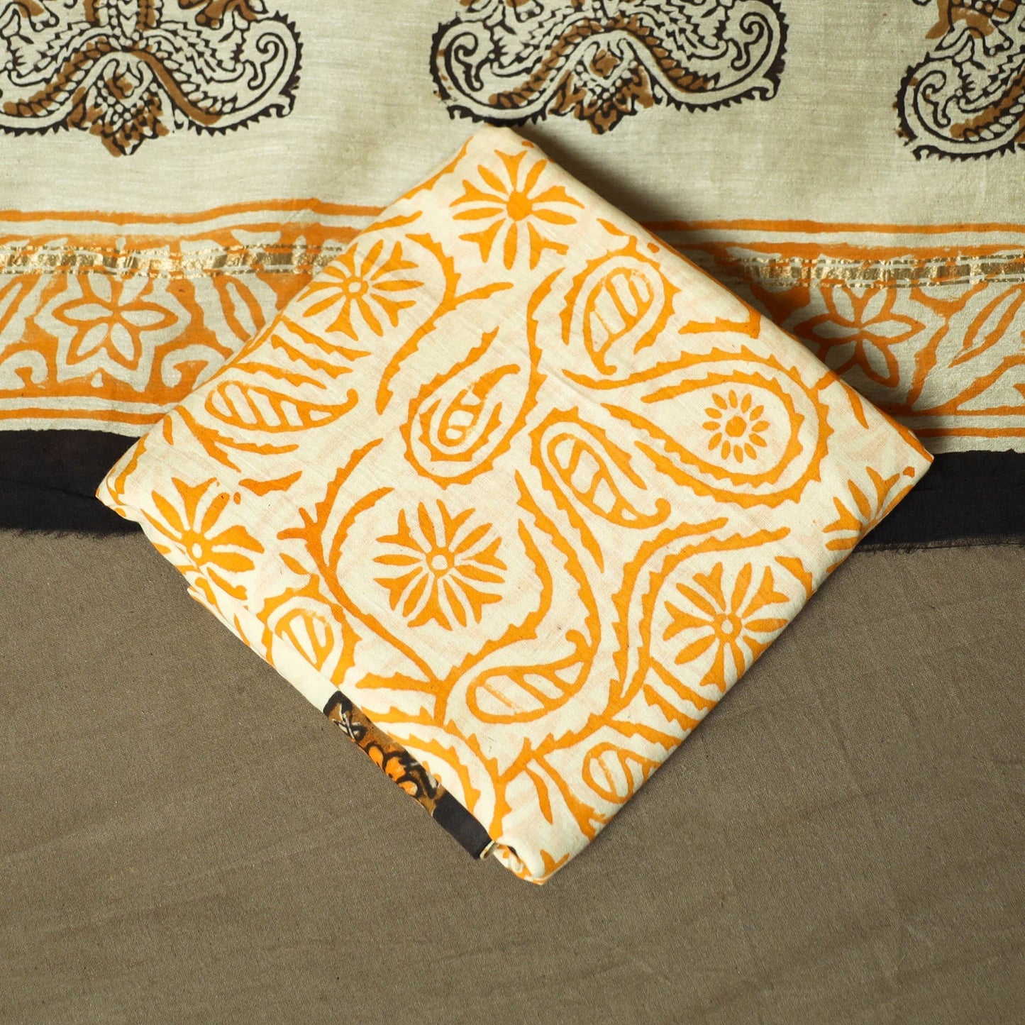 Chanderi silk hand block bagru print 3pc unstitched dress