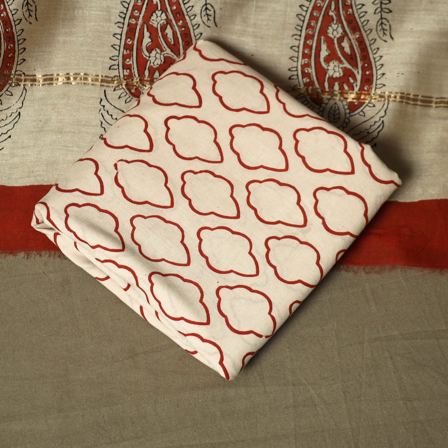 Chanderi silk hand block bagru print 3pc unstitched dress