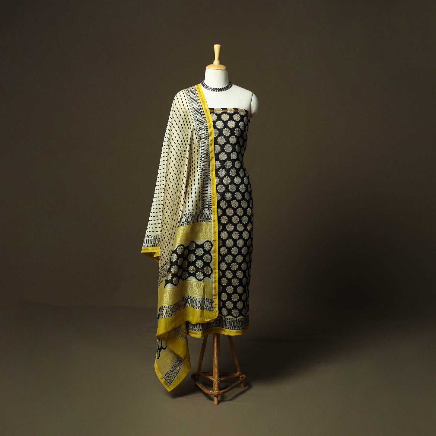 Chanderi silk hand block bagru print 3pc unstitched dress