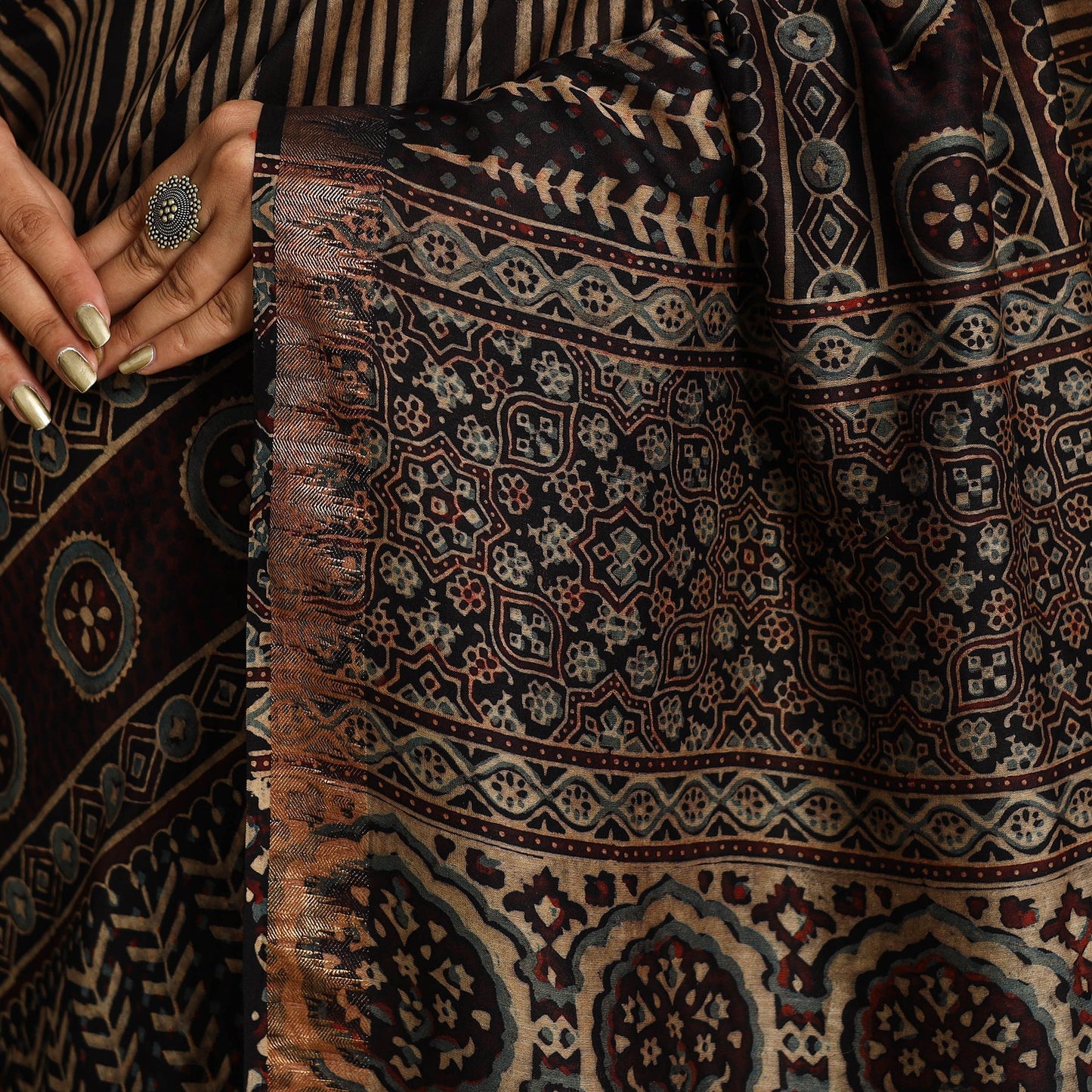 Black Chanderi Silk Block Print Ajrakh Saree