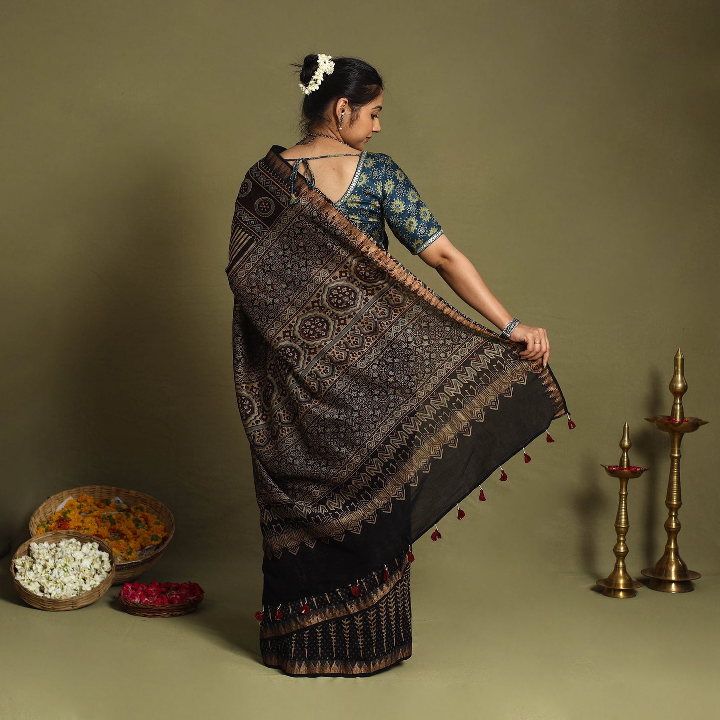 Black Chanderi Silk Block Print Ajrakh Saree