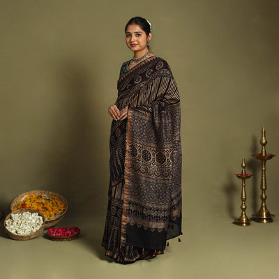 Black Chanderi Silk Block Print Ajrakh Saree