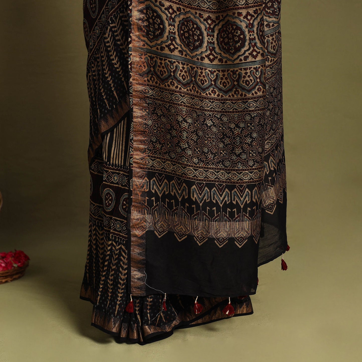 Black Chanderi Silk Block Print Ajrakh Saree